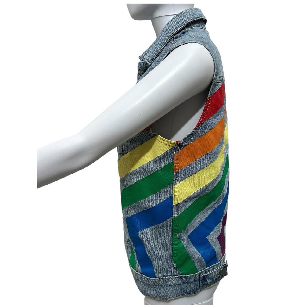 Unisex Rainbow Pride Collection LGBTQ Stonewashed Sleeveless Blue Denim Vest - Picture 3 of 11
